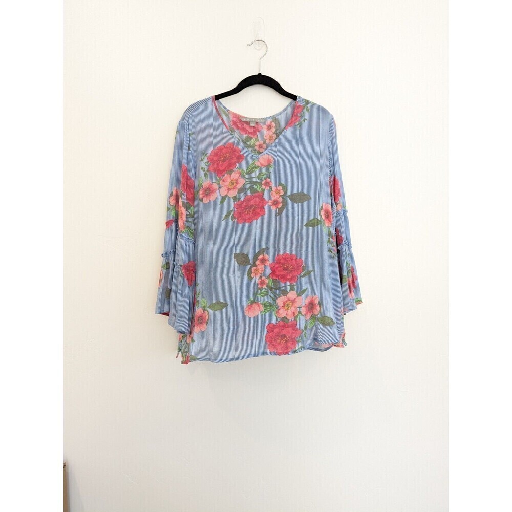 Valerie Stevens Blouse Womens Size L Blue Floral Striped Flowy Boho Hippie Top - Picture 2 of 9